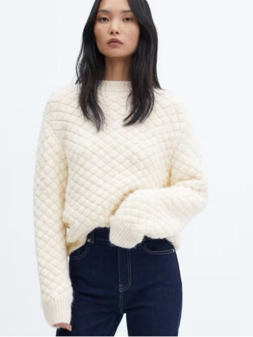 Mango Cream Quilted Cable Knit Crewneck Sweater